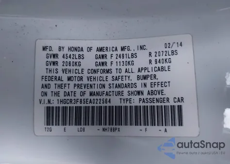 2014 Honda Accord Ex-L V-6 from USA, damaged, VIN 1HGCR3F85EA022564